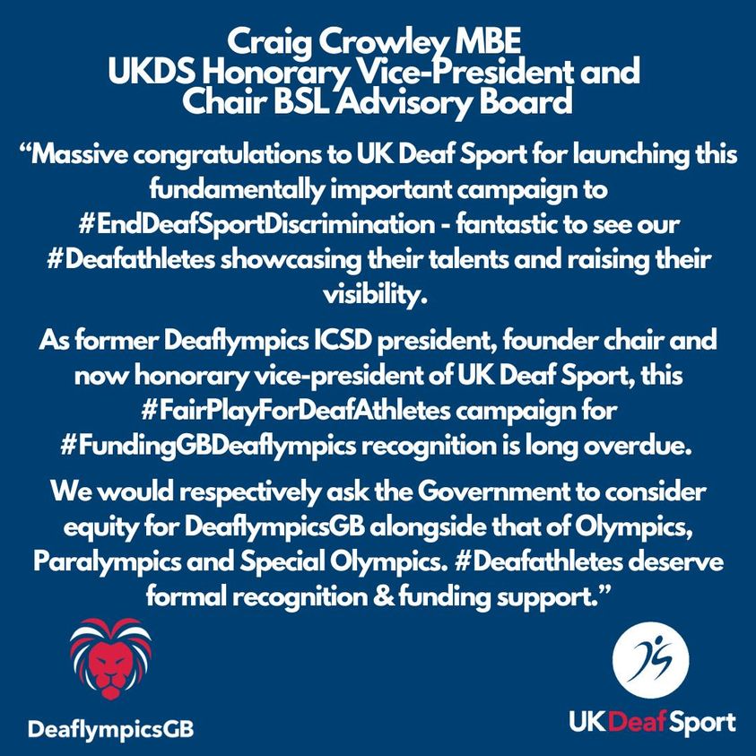 @CEOActionDeafns, UKDS Honorary Vice-President & Chair of the BSL Advisory Board, gets behind the UK @deafsport #FairPlayForDeafAthletes Campaign.

For more info please visit ukdeafsport.org.uk/fairplayfordea…

#FundDeaflympicsGB #EndDeafSportDiscrimination @_jodieounsley