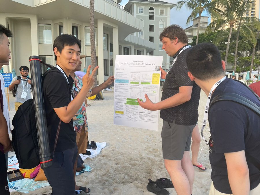 thegautamkamath's tweet image. People at the Trustworthy ML social on a beach in Hawaii at #ICML2023 got a sneak preview of the #NeurIPS2023 best paper. I wonder how many foresaw this?