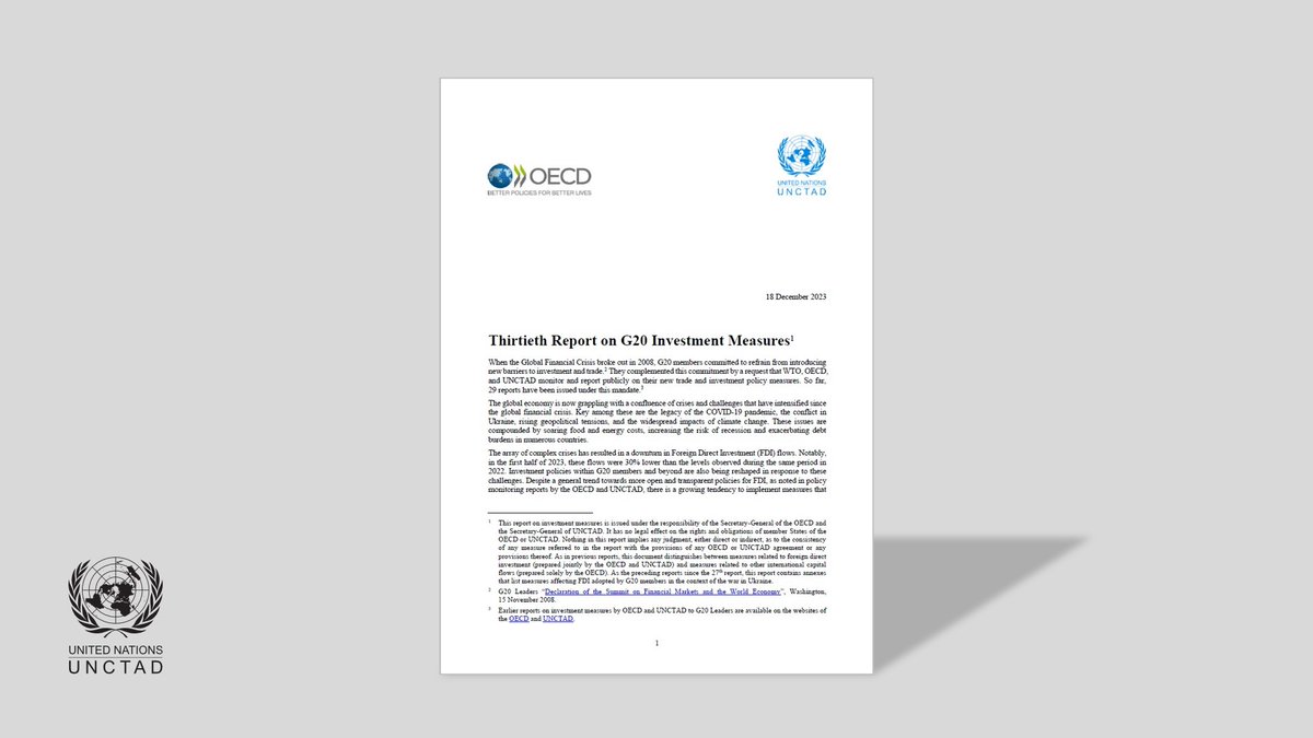 UNCTADinvestment (@unctadwif) on Twitter photo 📢 We are pleased to announce the launch of the 30th report on G20 investment measures, jointly prepared by the <a href="/UNCTAD/">UN Trade and Development</a> and <a href="/OECD/">OECD ➡️ Better Policies for Better Lives</a> Secretariats. 🌍
📚 To access the full report, please visit: unctad.org/publication/un… 📢 We are pleased to announce the launch of the 30th report on G20 investment measures, jointly prepared by the <a href="/UNCTAD/">UN Trade and Development</a> and <a href="/OECD/">OECD ➡️ Better Policies for Better Lives</a> Secretariats. 🌍
📚 To access the full report, please visit: unctad.org/publication/un…