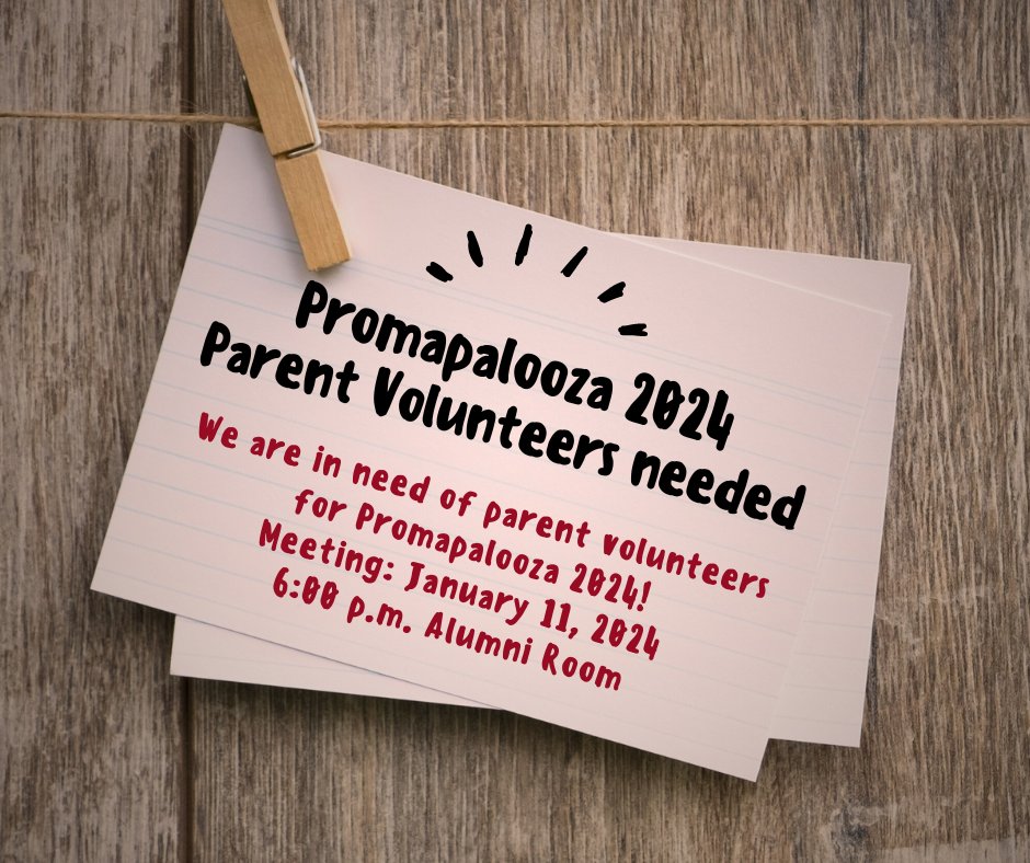 We are looking for a volunteers to help with Promapalooza 2024. There will be an initial meeting on January 11, 2024 at 6:00 p.m. in the Alumni Room. Can't make it, but still want to be a part? Contact Laura Abbey at labbey@stcharles.k12.la.us for more details. Tell your friends