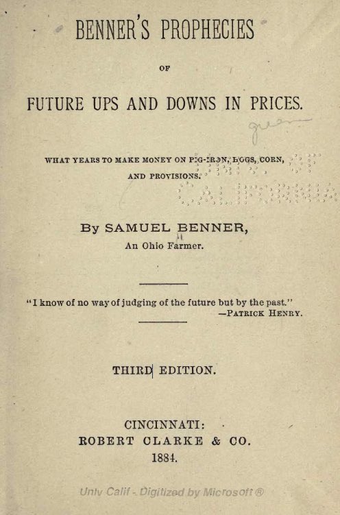 Az önce enteresan bir bilgiye denk geldim. Muhakkak bu yazıya bakmadan geçmeyin. Çok enteresan..

Alttaki görselin başlığı;

🔸“PARA KAZANMA PERİYOTLARI”🔸

Ohio’lu bir çiftçi olan Samuel Benner 1883/84 yılında yayınladığı yazıda, geçmiş verileri baz alarak “hisse, emtia, mısır,