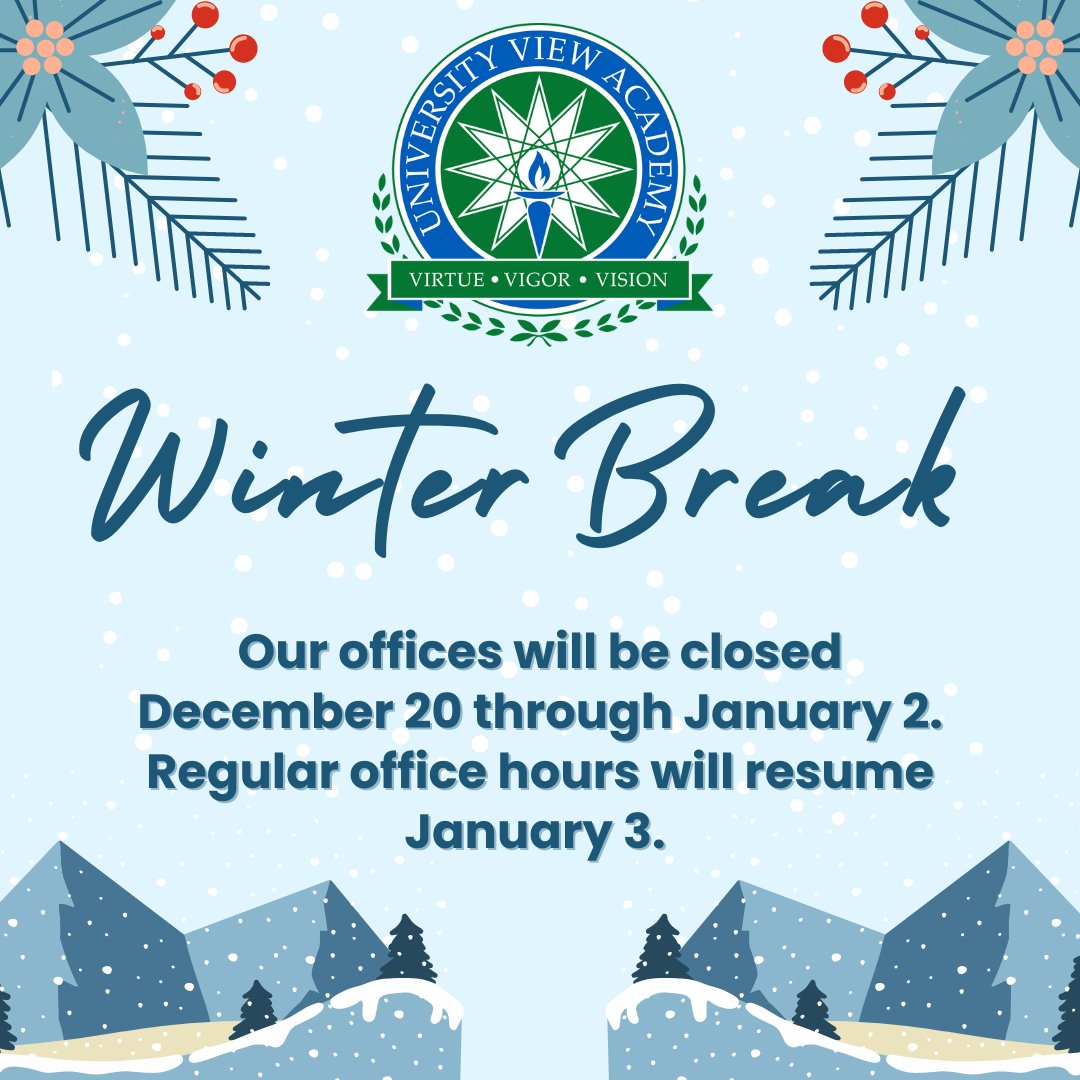 UVA will be closed for winter break from December 20 - January 2. Our schools and offices will open for regular business hours on January 3.