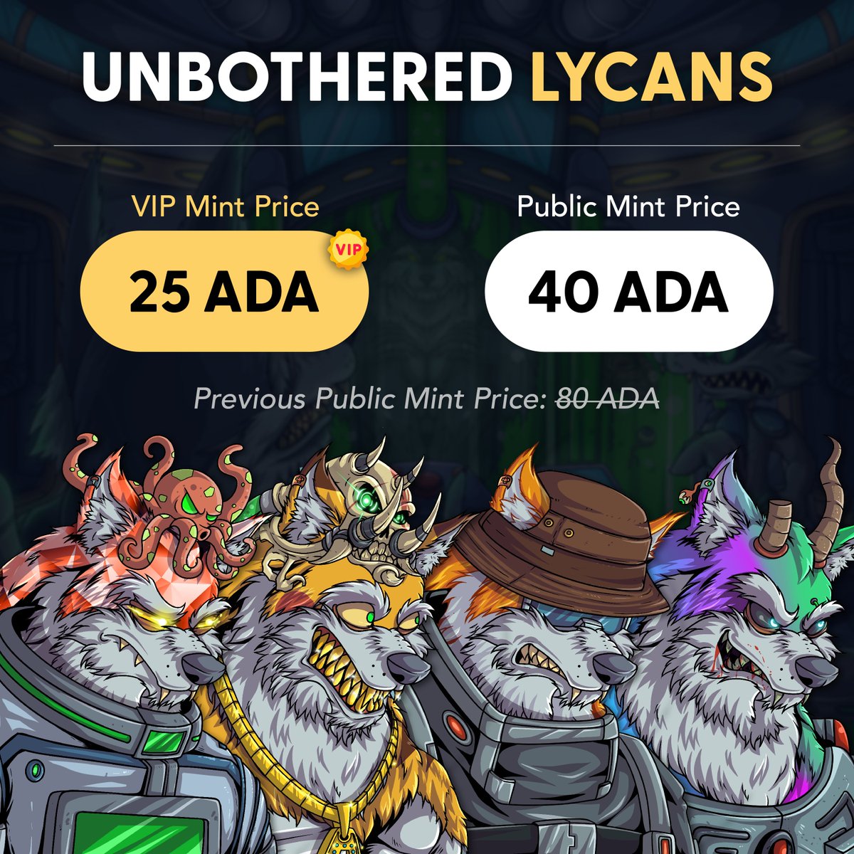 UnbotherWolves's tweet image. Mint Price Cut 🏷️

Mint Link:
app.xforge.studio/mint?sale_uid=…

When we opened the Lycans&apos; mint a few months ago, $ADA was hovering around 25-30 cents, and its value or price has now doubled to 55–60 cents. For this reason, we&apos;ve decided to cut down the mint price to half and introduce a…