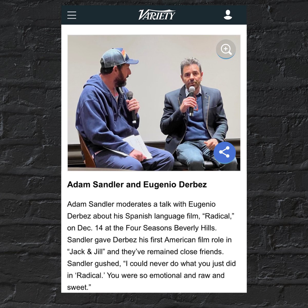 “This movie goes beyond making a movie…it did so much for so many people.” - Adam Sandler @EugenioDerbez sat down with @AdamSandler following a screening of #RadicalTheMovie to talk about making the film, the Radical Fund, and more. 🔗 : variety.com/gallery/celebr…