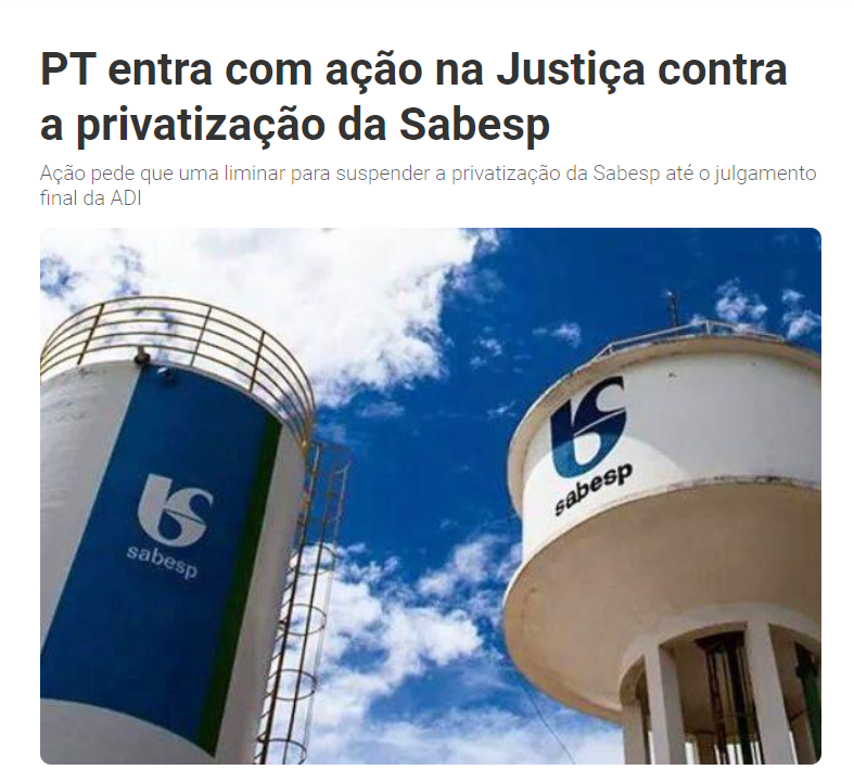 PT pede na Justiça inconstitucionalidade de lei que privatiza Sabesp