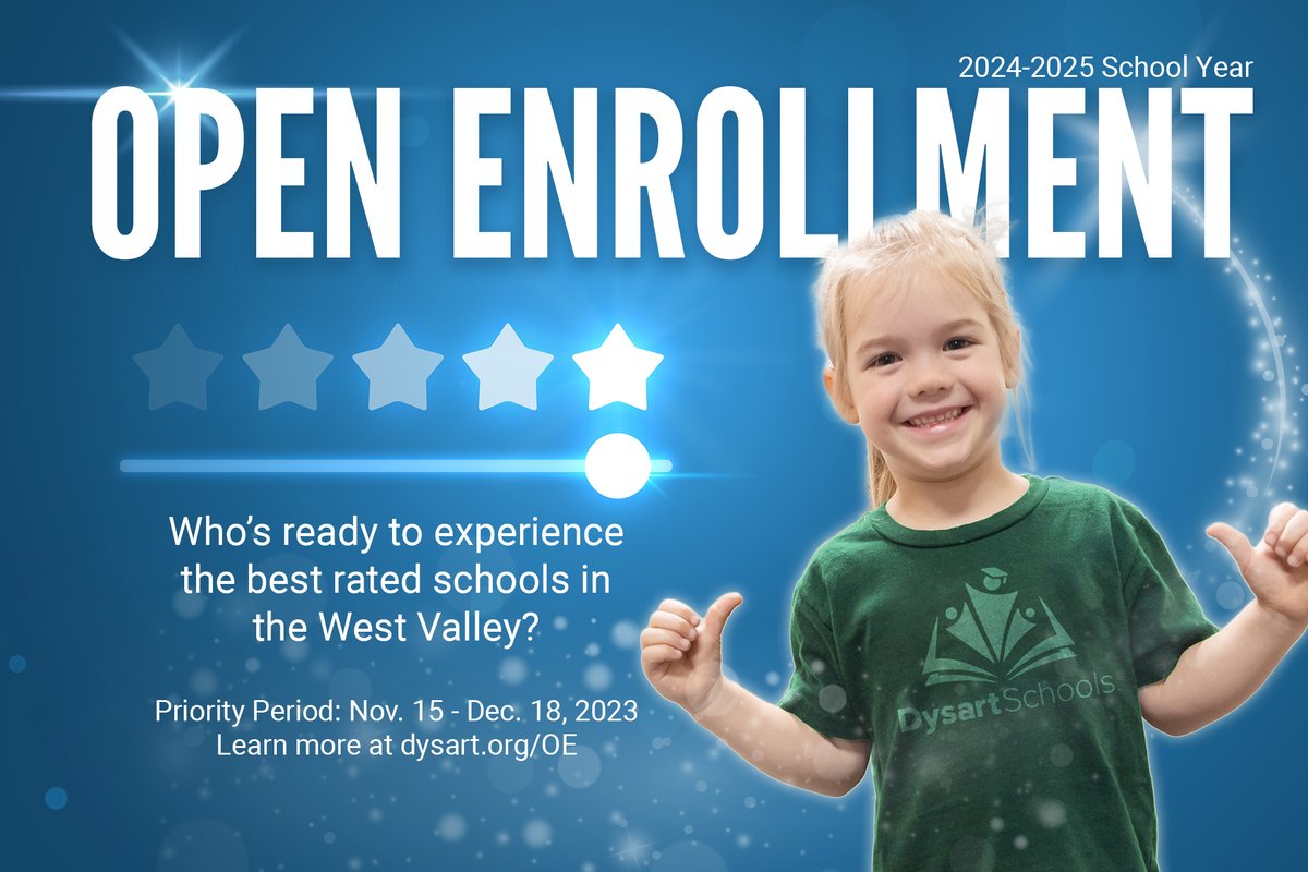 Today's the last day. Make sure to get those open enrollment applications in ASAP! Whether you are in our boundaries and looking to open enroll in a school other than your home school, or you are looking to enroll from outside the district, apply today at dysart.org/oe