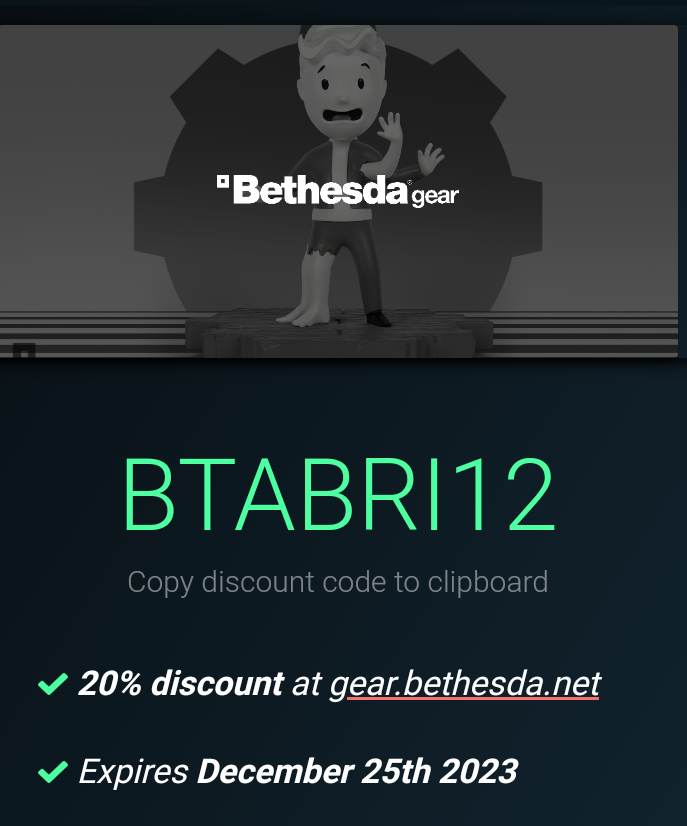 Des achats à faire ? Le code BTABRI12 vous offre 20% de remise sur le site bethesda.gear.net. valable jusqu'au 25 décembre.

#fallout #bethesda #discount #videogames <a href="/Bethesda_fr/">Bethesda France</a>