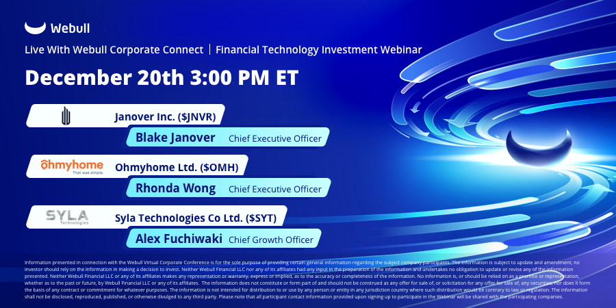 Join our upcoming 'LIVE! with Corporate Connect🎉: Virtual Investment Webinar on December 20th at 3:00 PM ET. Our spotlight this week will be on the #financialtechnology sector. Joining us are key players: @JanoverHQ ($JNVR), OhmyhomeLtd. ($OMH), and Syla Technologies Co Ltd.…