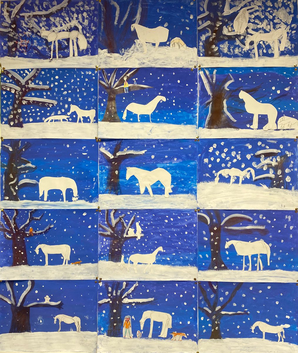 MissFergusonAr1's tweet photo. Wintery snow scenes inspired by the beautiful film- The boy, the mole, the fox and the horse ❄️ imagine asking Primary 4 to draw a horse?! Well I did- and it was brillaint. They loved drawing animals and followed step by step instructions to produce these wonderful pieces 👏🏻👏🏻 https://t.co/W3XThgVZwW