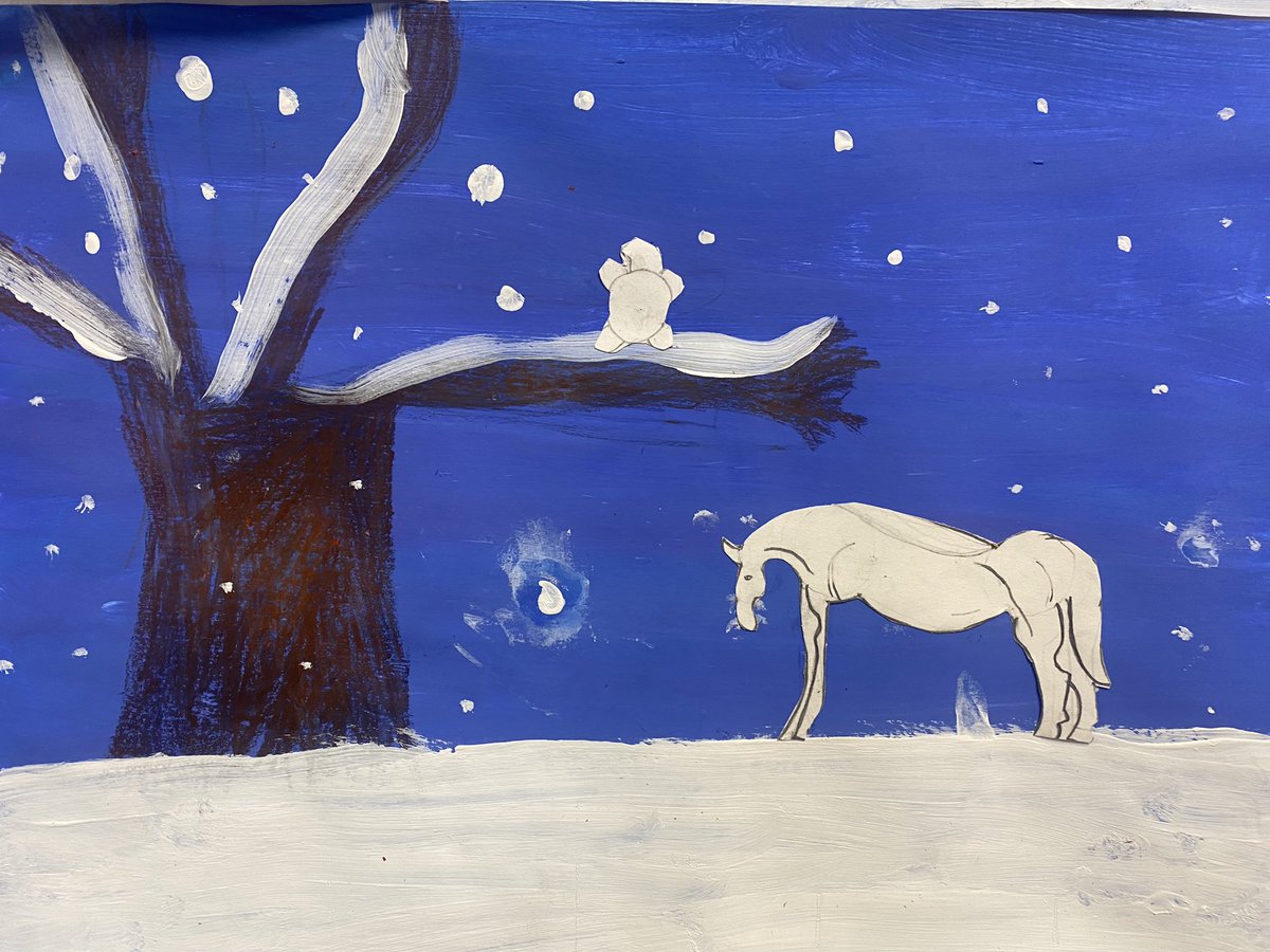 MissFergusonAr1's tweet photo. Wintery snow scenes inspired by the beautiful film- The boy, the mole, the fox and the horse ❄️ imagine asking Primary 4 to draw a horse?! Well I did- and it was brillaint. They loved drawing animals and followed step by step instructions to produce these wonderful pieces 👏🏻👏🏻 https://t.co/W3XThgVZwW