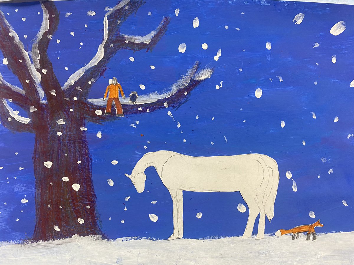 Wintery snow scenes inspired by the beautiful film- The boy, the mole, the fox and the horse ❄️ imagine asking Primary 4 to draw a horse?! Well I did- and it was brillaint. They loved drawing animals and followed step by step instructions to produce these wonderful pieces 👏🏻👏🏻