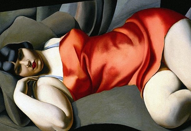 Woman in red dress, 1927 by Polish Art Deco painter Tamara de Lempicka #WomensArt