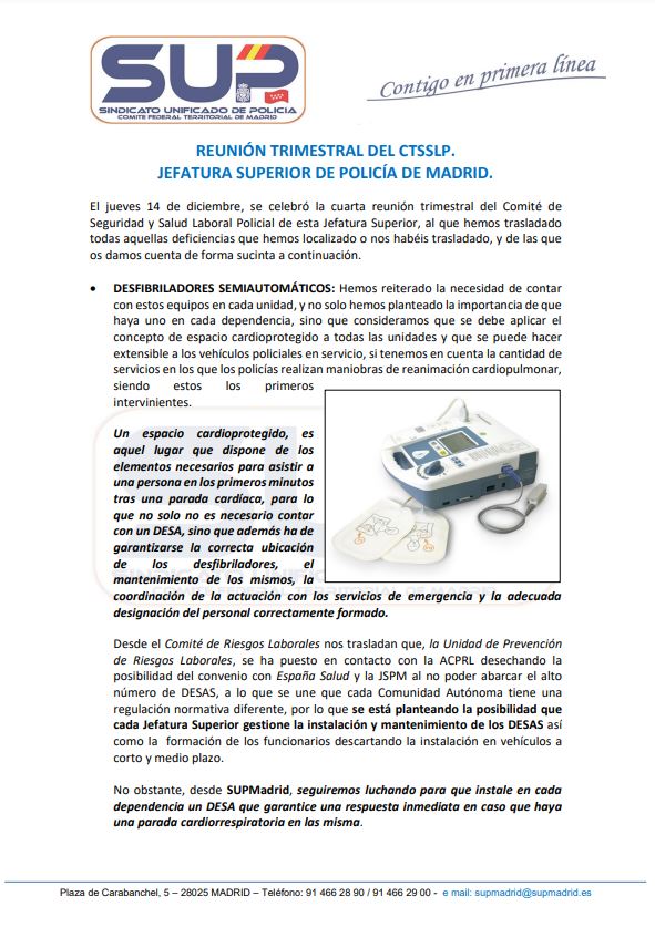 supmadrid's tweet photo. Presentes en la 4ª trimestral de #Seguridad y #SaludLaboral
Trasladamos todas #vuestras #recomendaciones y las deficencias que hemos detectado (chalecos, taser, desfibiladores...)
Ya sabes que con el #SUP Madrid siempre vas a estar respaldado
#45AñosAtúServicio⤵️ https://t.co/5XEiI1bWMH