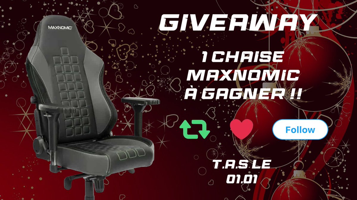 TitanClubEsport's tweet photo. 🎁 Giveaway de Noël 🎁

En ces belles fêtes de fin d'année nous en profitons pour vous offrir la chance de gagner une superbe chaise Maxnomic ! 🪑✨

Pour participer : 
❤️Likez ce tweet 
🔁 Retweetez ce tweet 
✅ Suivez @TitanClubEsport et @PHGesport 
Bonne chance à tous ! 🎅🎉 https://t.co/cP4C3ku6jT