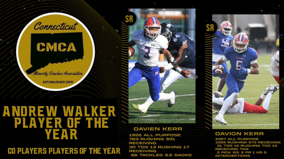 CMCA2019's tweet photo. Our 2023 Connecticut Minority Coaches Association Andrew Walker Player of The Year Goes to BOTH Davien and Davion Kerr of Bloomfield High School. These two led their team to the Class S State Championship! #cthsfb @TyOutlaw4  @GameTimeCT #CCC https://t.co/GLfIYpbvoy