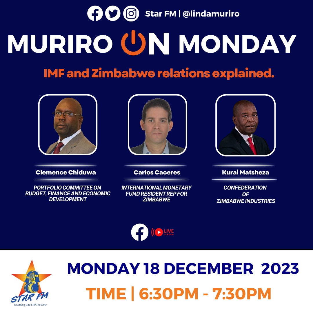 Is the IMF the panacea to Zimbabwe's economic upturn? Be part of the discussion as @lindamuriro hosts the last #MuriroOnMonday show of the year.