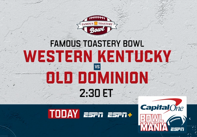 #BowlSeason continues today with the first-ever @FamousToastery Bowl in Charlotte (230p ET, ESPN & ESPN+). 🏈 @DaveNealSports @TomLuginbill and @abbylabar_ have the call of Western Kentucky vs. ODU