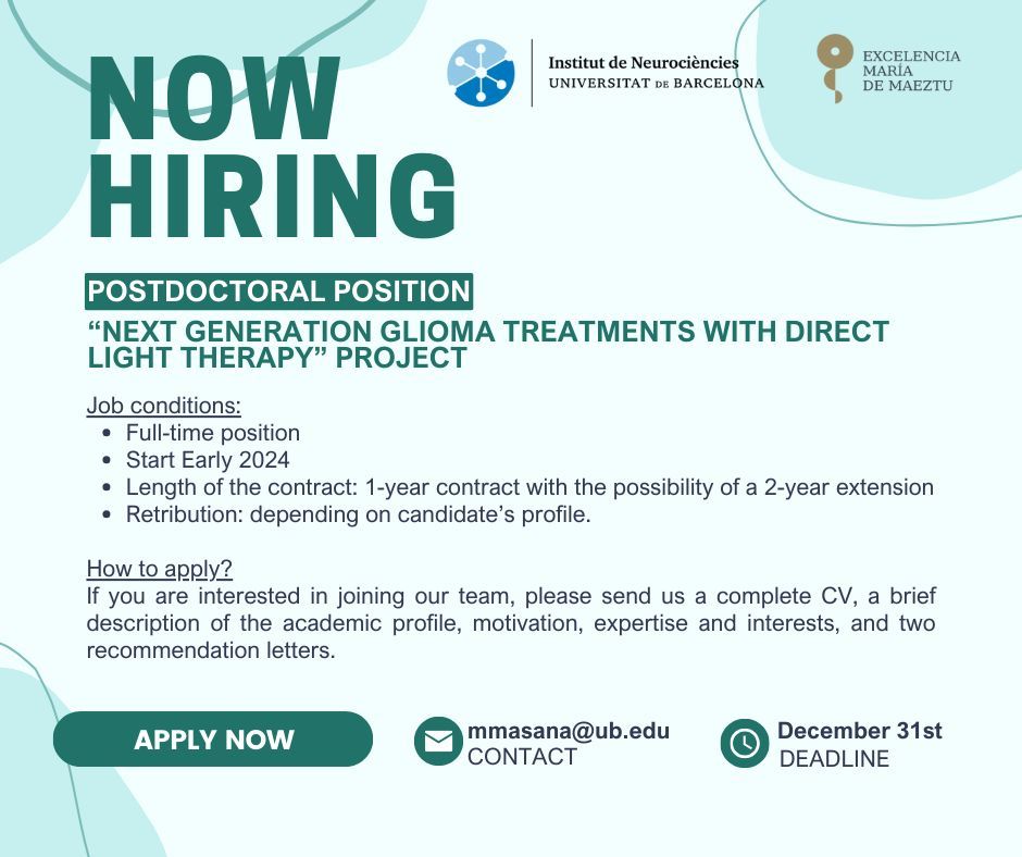 Institut de Neurociències de la UB (@ubneuroscience) on Twitter photo #JoinUBneuro | Open Postodctoral position within the Monitoring and modulation of brain circuits in brain disorders group at the Department of Biomedicine <a href="/UniBarcelona/">Universitat de Barcelona</a>
📅 Deadline: December 31st
👩🔬 PI: Merce Masana <a href="/mercemasana/">mercemasana</a>
🔗Additional information buff.ly/3GPRgHH #JoinUBneuro | Open Postodctoral position within the Monitoring and modulation of brain circuits in brain disorders group at the Department of Biomedicine <a href="/UniBarcelona/">Universitat de Barcelona</a>
📅 Deadline: December 31st
👩🔬 PI: Merce Masana <a href="/mercemasana/">mercemasana</a>
🔗Additional information buff.ly/3GPRgHH