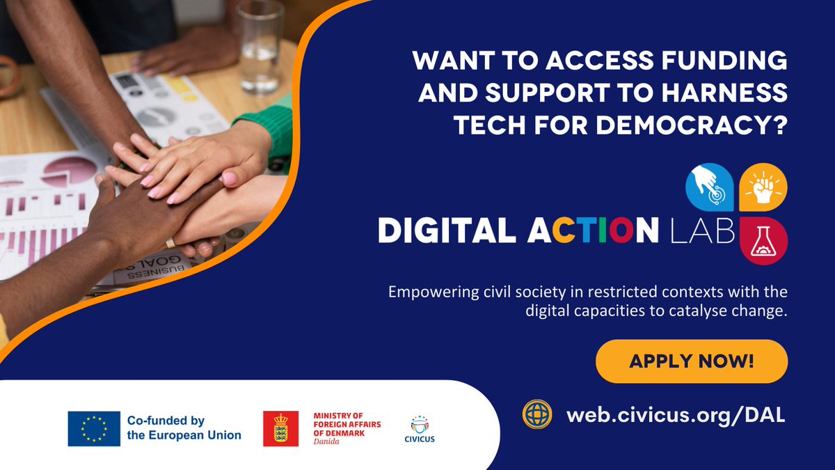 Do you need to improve your digital skills to promote civic space &amp; inclusive democracy? 

Join the #DigitalActionLab! This new 9-month programme offers coaching, up to US$30,000 grants &amp; networking opportunities to local civil society orgs.  

Apply now! web.civicus.org/DAL