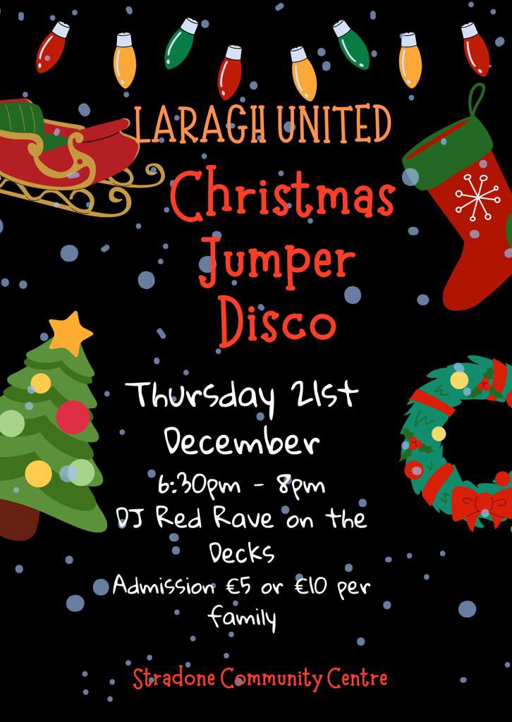 Juvenile Christmas Disco on Thursday 21st from 6:30pm - 8pm Admission €5 per child €10 for family DJ Red Rave on the decks!! 🎅 🎄 #ChristmasJumperDay