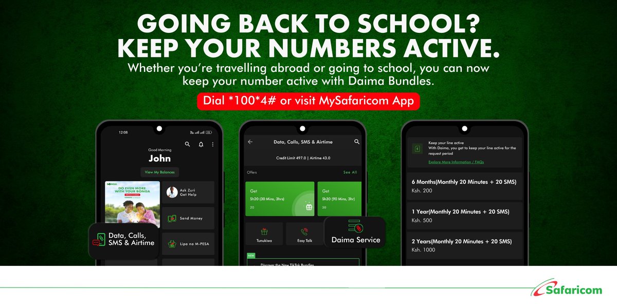 What is Daima Bundle? We understand how frustrating it is to lose your number due to inactivity. Daima bundle has a validity of 6 months, 1 year or 2 years. While TRAVELLING or WORKING ABROAD, you do not need to worry any more. Apart from *100#/*200#, you can also use MySafaricom…