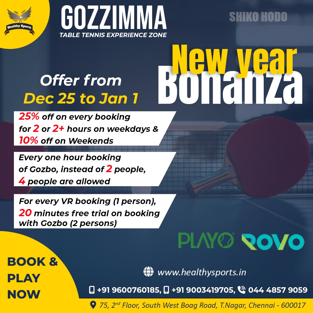 New Year Bonanza🎊🏓

Experience Tae Tennis 🏓

#GozzimmaExperience #PingPongParadise
#GozzimmaMagic #TableTennisJoy #tabletennis #gozzimma #experiencezone #tnagar #funplaywithtt #playtabletennis #gozbo #robo #ttrobo #vr #vrtabletennis #experiencevrwithtabletennis