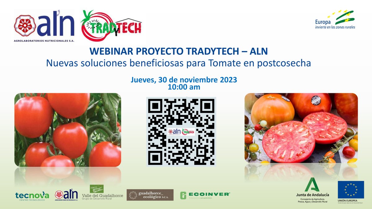Nuevo Webinar titulado “Nuevas soluciones ecológicas para tomate en postcosecha” @AgriculturAnd @UE_ANDALUCIA @AndaluciaJunta @CTTecnova @aln_sa @ecoinver @guadalhorce_eco #Tradytech #investigacion #tomate ✍Más INFO EN bit.ly/41HQWVb