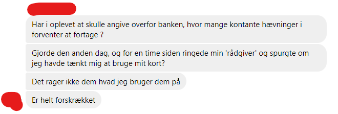 Har andre prøvet at jeres bank har ringet jer op, fordi i hæver penge, frem for at bruge jeres kort?

I dette tilfælde er det Middelfart Sparekasse som har gjort det og undskyldningen har åbenbart været hvidvasklovgivningen.

#dkpol #dkmedier #twitterhjerne