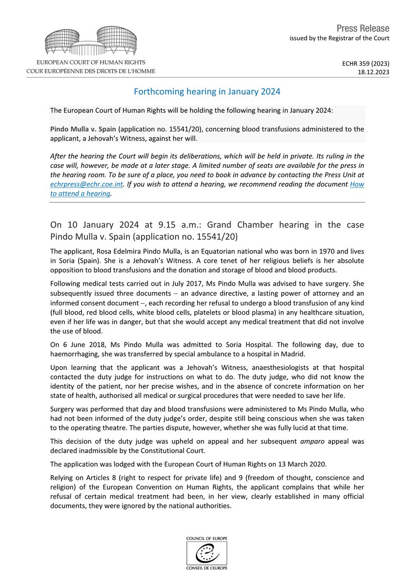 Forthcoming hearing in January 2024 hudoc.echr.coe.int/app/conversion… #ECHR #CEDH #ECHRpress