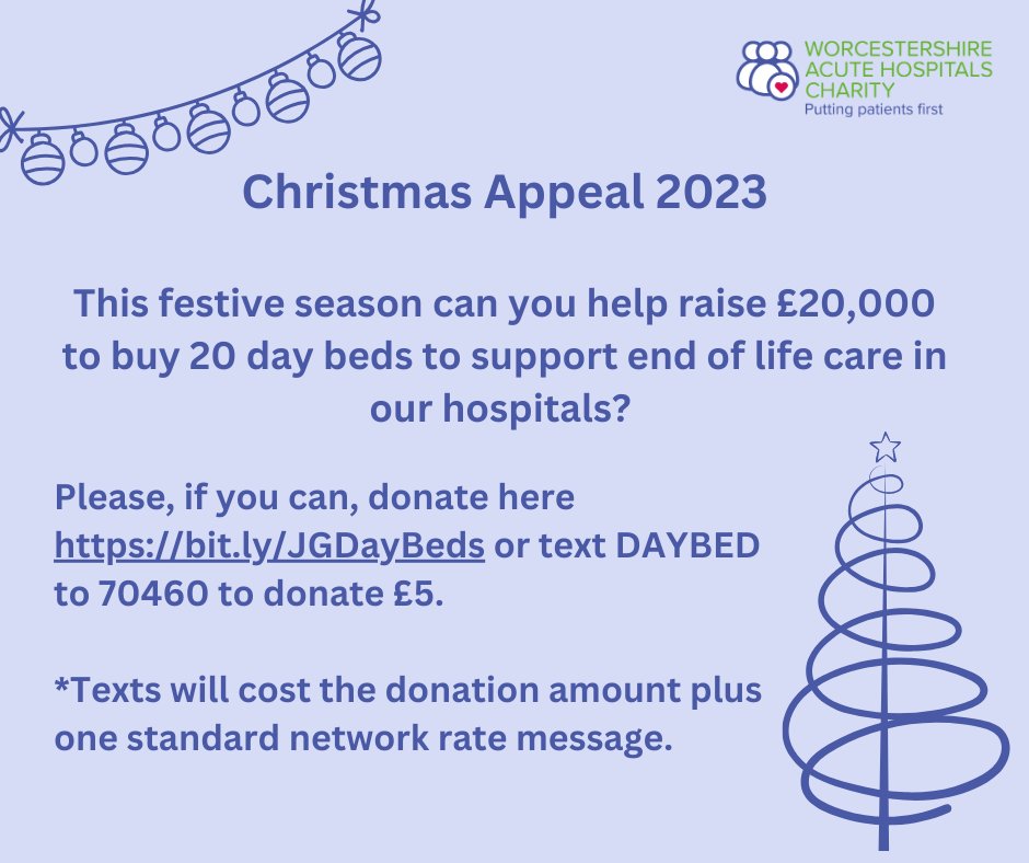 Our friends at Worcestershire Acute Hospitals Charity are working to provide a little extra comfort this Christmas by raising funds for day beds to support the End of Life Care team. Find out more at wahcharity.org/christmas-appe… or text DAYBED to 74060 to donate £5.