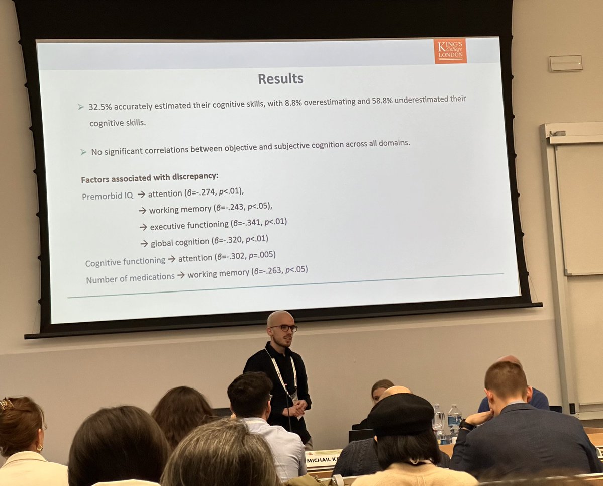 <a href="/kclcfad/">KCL CfAD</a> CRiB2 researchers <a href="/kalfas_michael/">Michael Kalfas</a> and <a href="/Rosie_H_Taylor/">Rosie</a> presented preliminary findings regarding the discrepancy between subjective and objective reports of cognitive performance at #ISAD2023 

The implications for cognitive remediation therapy were discussed