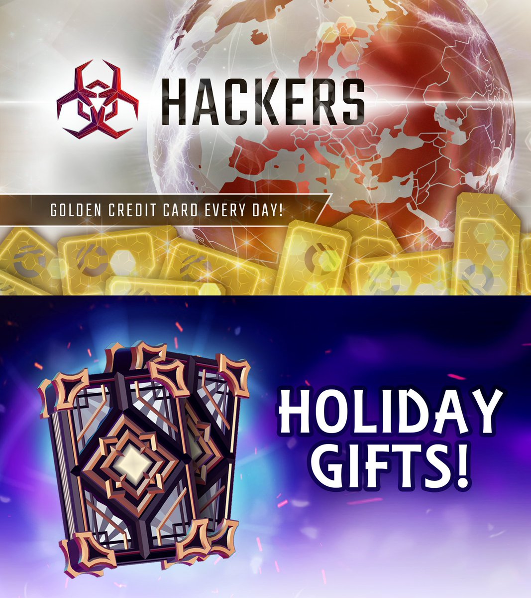Holiday season is here and you know what it means.. gifts! Golden credit cards every day till the end of the year for #Hackers players. Free card packs for #Monolisk players. Enjoy!