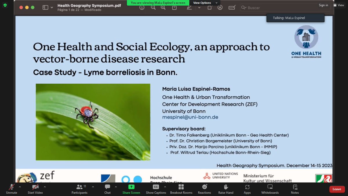 HGS2022's tweet photo. Regarding María Espinel's presentation at the #HGS2023, from @ZEFbonn, here we share a moment of it. It was titled "One Health and Social Ecology, an approach to vector-borne disease research: Case study - Lyme borreliosis in Bonn". @IGUhealthgeo https://t.co/61kKG32dO3