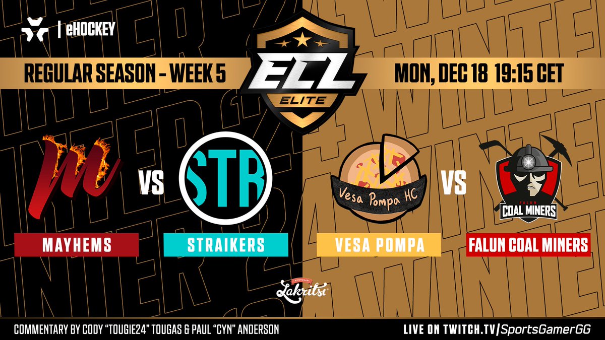 We enter the last week of the #ECL24Winter Elite Regular Season!
Join us for the broadcast action tonight, starting at 19:15 CET with the #SGWraparound, followed by tonight's games! 

📺twitch.tv/SportsGamerGG

<a href="/Tougie24/">Tougie24</a> &amp; @CynFtwProd
#NHL24 #esports #eHockey #KouvolanLakritsi