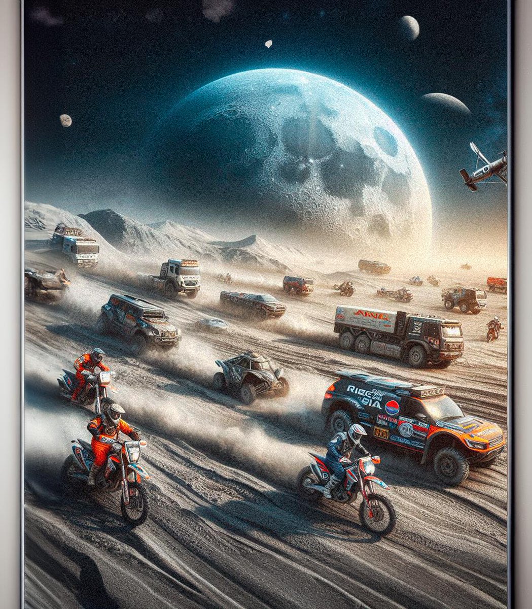EuroBikesEsp's tweet photo. Queda poco para el comienzo del #DAKAR y le hemos pedido a la #ia que se imagine un #dakarrally en la luna 🏍🌑

Crees que podríamos ver algo parecido dentro de 50 años? 👀

#eurobikes #motorcycle #ktm https://t.co/6qpNGv6lsq