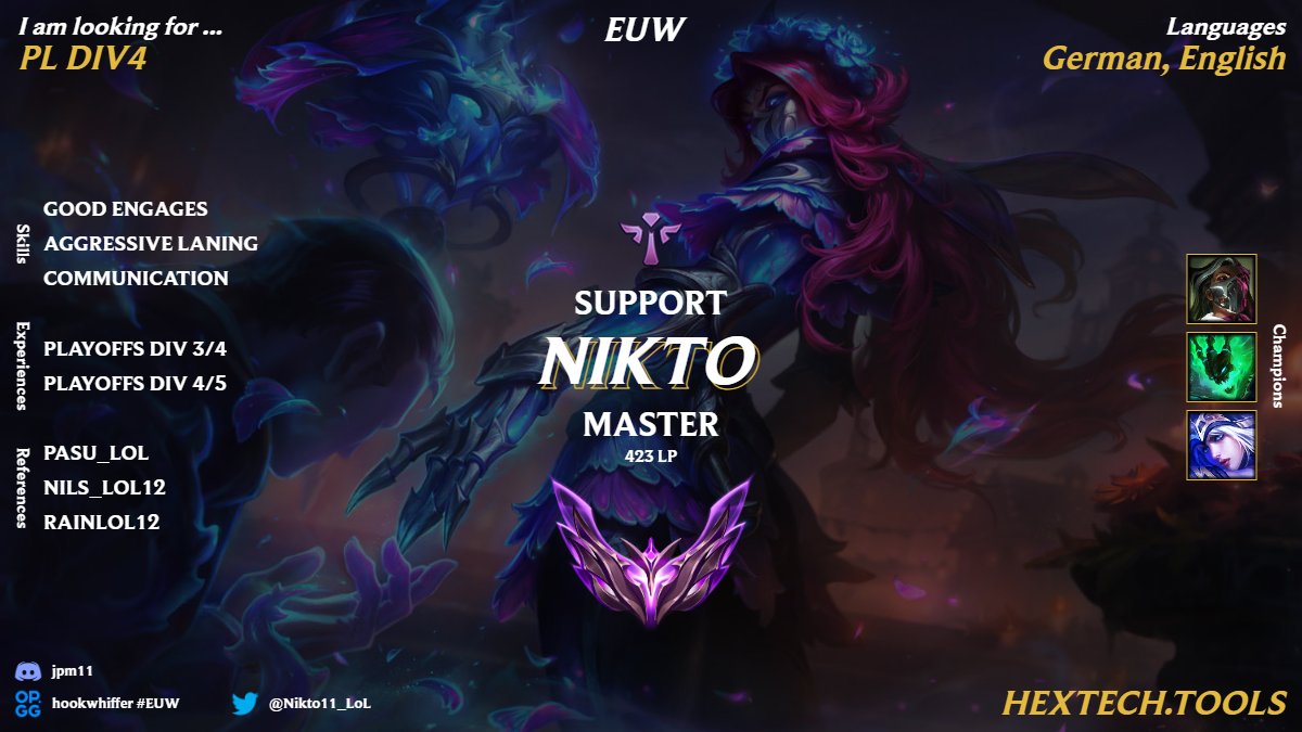 After reaching Div 4 with <a href="/404_Multigaming/">404 Multigaming e.V.</a> and dropping more LP in SoloQ than Ski Aggu dropping hit songs, I'm looking to explore my options for the upcoming split. 

I'm mainly looking for Prime League Div 4 but I'd be open for other projects as well. 

💚and🔁are appreciated &lt;3