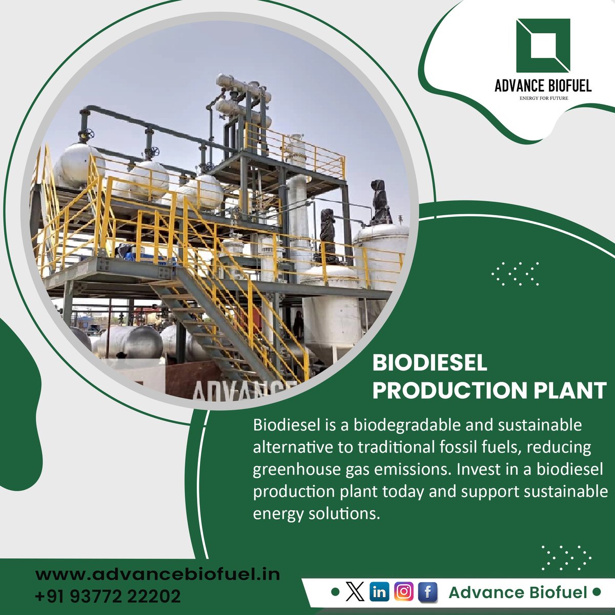 Biodiesel is a biodegradable and sustainable alternative to traditional fossil fuels, reducing greenhouse gas emissions. 

#AdvancedBiofuel #Biodiesel #RenewableEnergy #SustainableFuel #GreenEnergy #BiofuelProduction #CleanEnergy #EcoFriendly #BiodieselPlant #GreenTechnology