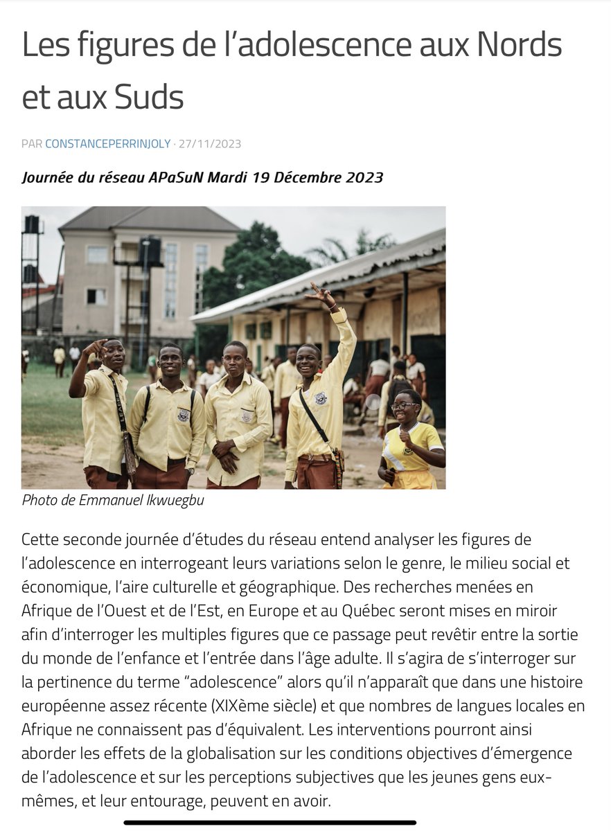Cécile Van de Velde (@cecile_vdv) on Twitter photo Rejoignez-nous le 19 décembre pour explorer « les figures de l’adolescence aux Nords et aux Suds » !  
Avec des recherches menées en Afrique de l’Ouest et de l’Est, en Europe et au Québec.
C’est en ligne, ou en personne à Aubervilliers et Ouagadougou :
fbio.hypotheses.org/483 Rejoignez-nous le 19 décembre pour explorer « les figures de l’adolescence aux Nords et aux Suds » !  
Avec des recherches menées en Afrique de l’Ouest et de l’Est, en Europe et au Québec.
C’est en ligne, ou en personne à Aubervilliers et Ouagadougou :
fbio.hypotheses.org/483