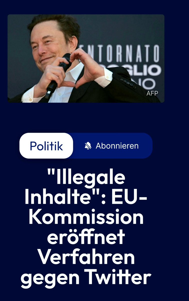 DIE LETZTEN VERZWEIFELTEN ZUCKUNGEN EINES UNTERGEHENDEN SYSTEMS...

18.12.2023

'Illegale Inhalte':

EU-KOMMISSION ERÖFFNET VERFAHREN GEGEN TWITTER

❗ ❗ ❗ 

Die EU-Kommission hat ein Verfahren gegen X (ehemals Twitter) wegen 'illegaler Inhalte' eröffnet.

Onlinedienst soll…