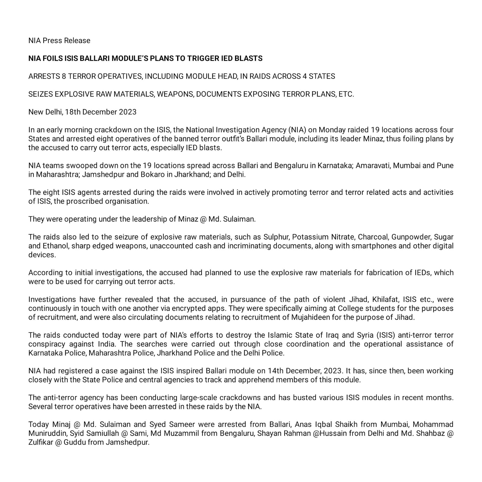 NIA India on X: &ldquo;Nia Foils ISIS Ballari Module&rsquo;s Plans to Trigger 