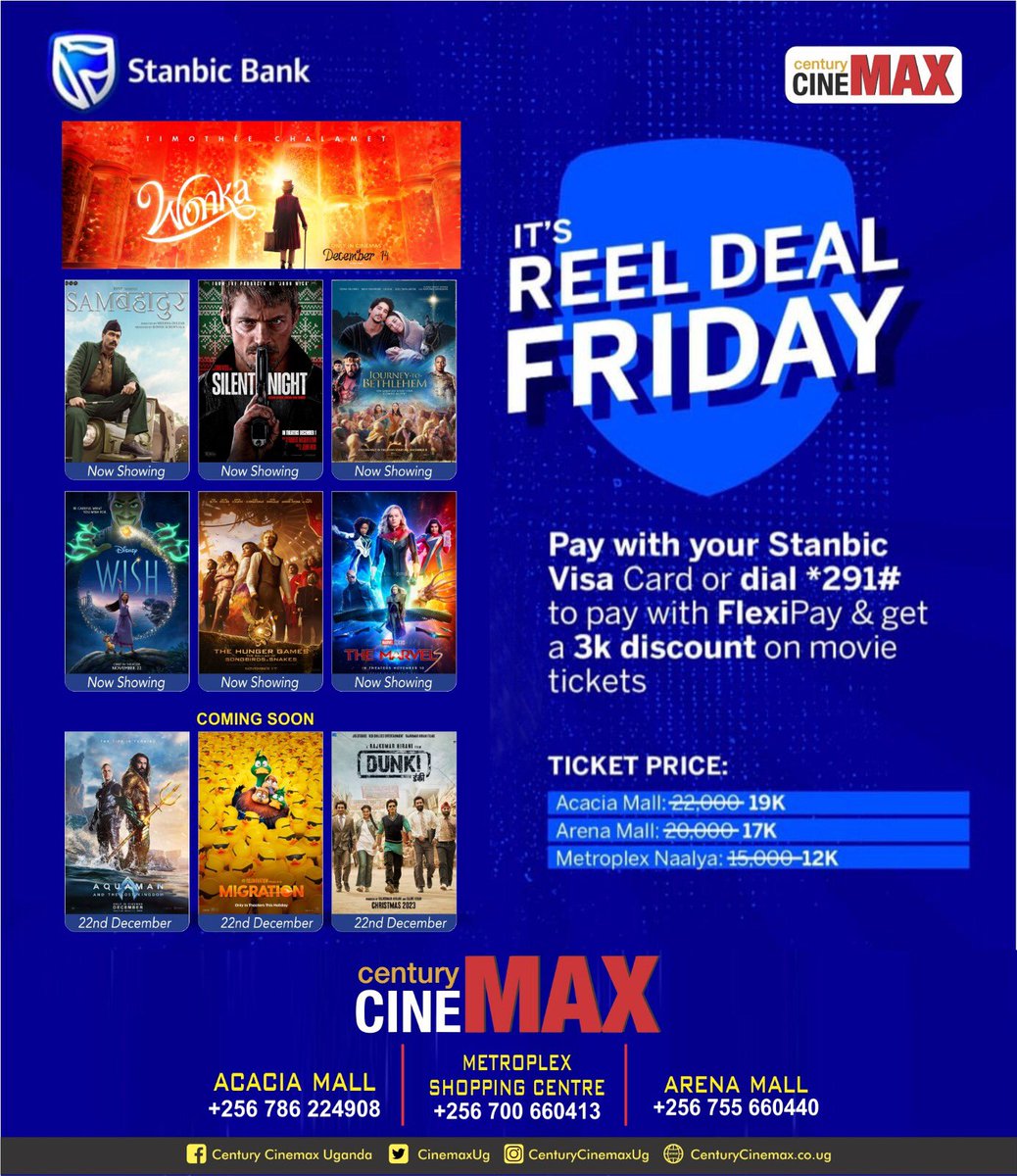 Embrace the amazing movie experience every Friday at the cinema, powered by Stanbic! 

Enjoy the latest blockbusters at a discounted price with Flex Pay. 

Grab your popcorn and make Friday nights unforgettable

#FlexPayDiscount 
#FridayCinemaNights 
#StanbicBank