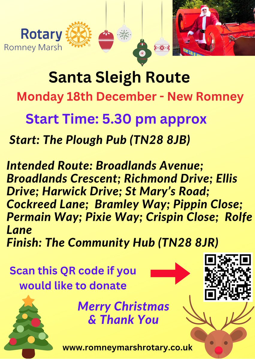 Hi Everyone. Tonight #santa and his sleigh are back in #newromney and looking forward to spreading more #festivecheer this #christmastime  here is the planned route for you to view. We will be starting from outside The Plough New Romney  at about 5.30 pm #romneymarsh #stmarysbay