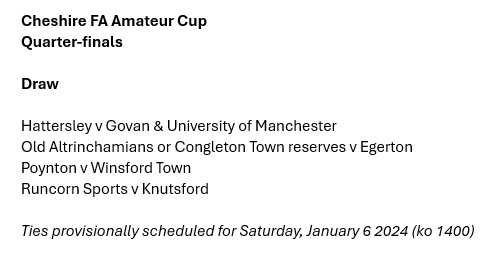 🏆 | 𝗖𝗼𝘂𝗻𝘁𝘆 𝗰𝘂𝗽

Line-up for Cheshire FA Amateur Cup last eight is almost complete.

Two teams from #Knutsford still standing, together with debutants <a href="/WinsfordTownFC/">Winsford Town Football Club</a>.