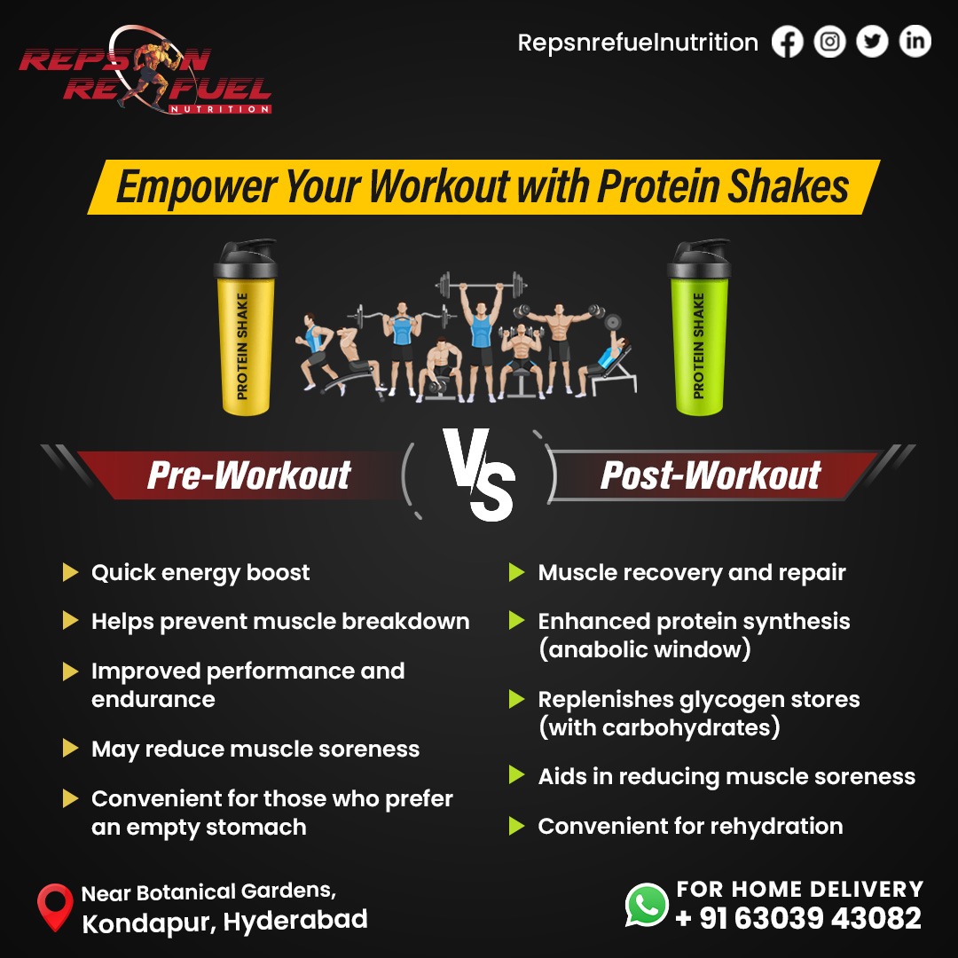 Unlock the full potential of your workout routine with the strategic incorporation of protein shakes both before and after your sessions. ️

#Proteinshake #Preworkout #Postworkout #Fitnessgoals #WheyProtein #Nutritionstore #RepsNRefuel #Supplements #Fitness #Kondapur #Hyderabad