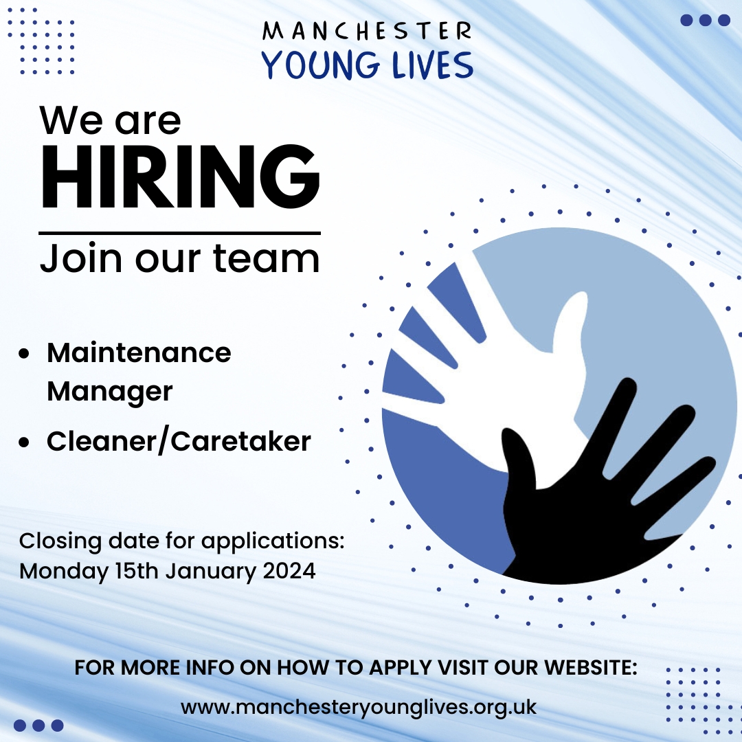 📢 We are Hiring! We are looking for a Maintenance Manager and 2 Cleaners/Caretakers to join the MYL team. If you are interested, please visit our website for more information on how to apply.
manchesteryounglives.org.uk/work-for-us/
Please share with your networks.
#hiringnow #jobopportunity