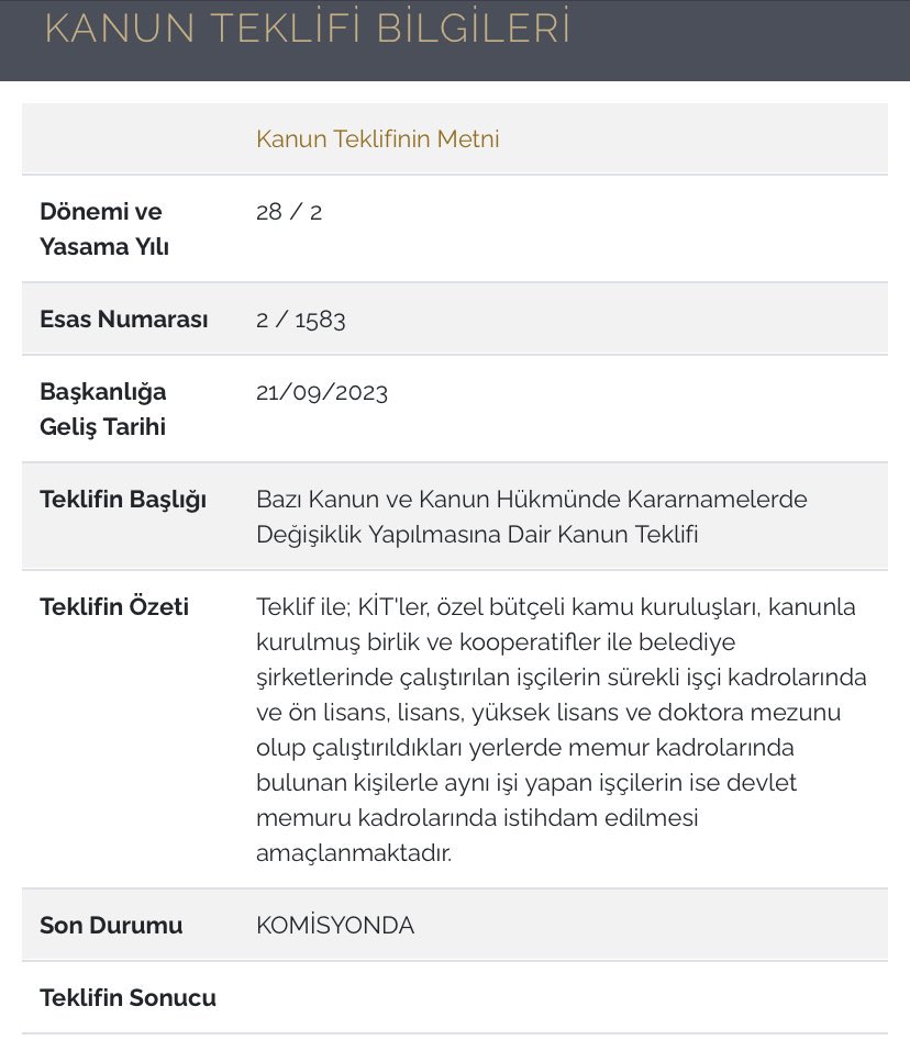 Kanun Teklifi Verildi..
Hayırlı Olsun Türkiye

#KİT Personeli ve  #BelediyeŞirketİşçileri ,Kamu Kuruluşlarında Memurlarla Birlikte Çalıştırılan İşçilerin Devlet Memurluğu #Kadro'suna geçmelerini Öngören Teklif Komisyon da Görüşülmeye devam ediyor.