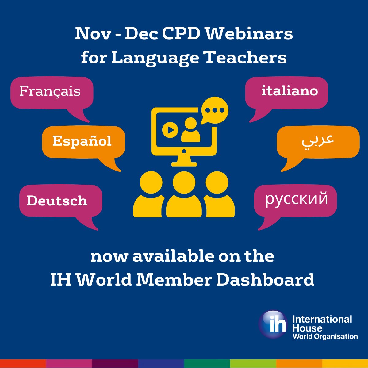 📣 Calling IH Language teachers! Don’t miss out on the recordings of our free CPD webinars 💻 for teachers of French, Spanish, Italian, German and Russian 📣

Find them on the IH World portal here 👉 ihworld.com/member-dashboa… 

#LanguageTeaching #CPD #IHCPD