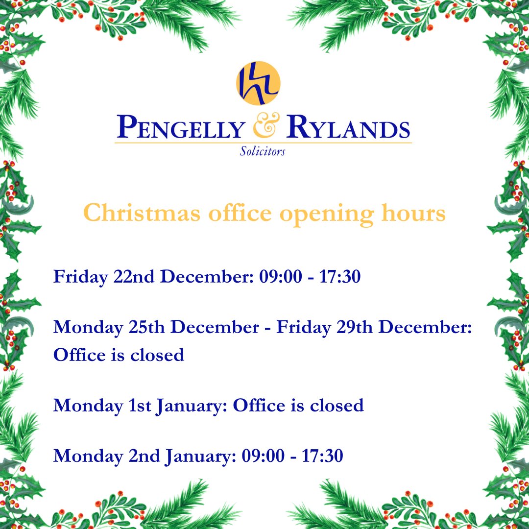 Our office will be closed for Christmas from Monday 25th December and returning to normal office hours on Monday 2nd January. 🎁
#Christmas #Solicitors #LegalAdvice