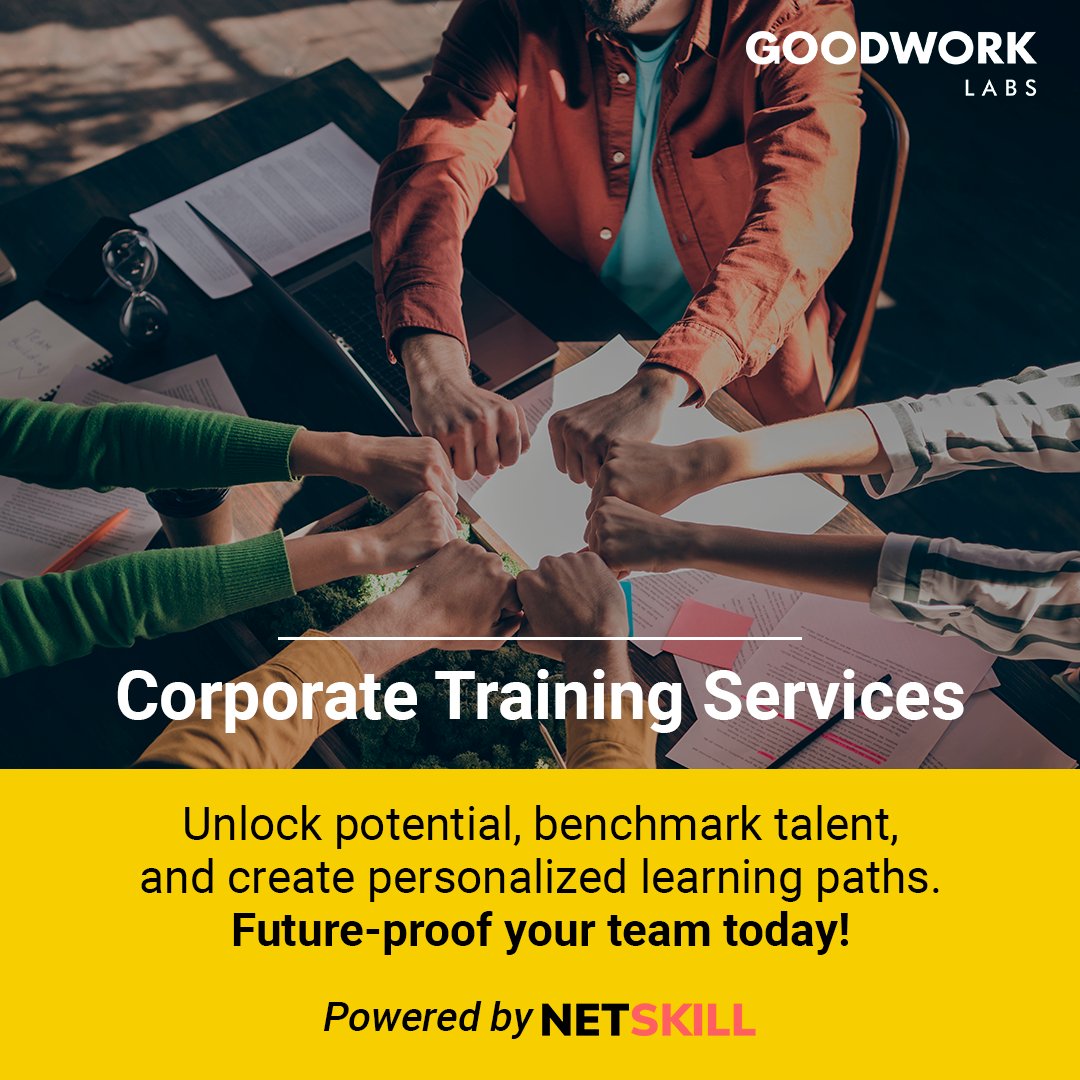 GoodWorkLabs's tweet image. Upskill your team with GoodWorkLabs&apos; corporate training services powered by NetSkill! Connect with us today! Visit GoodWorkLabs.com or NetSkill.com to learn more. 

#GoodWorkLabs #NetSkill #CorporateTraining #Upskill #Team #Tech #TeckSkill #Technology #Learn