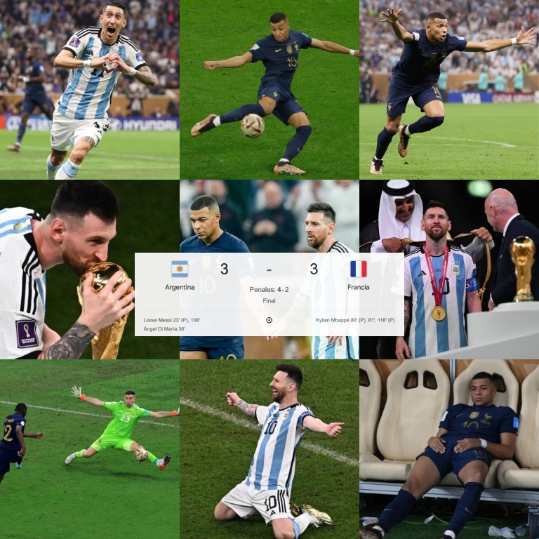 ➤ La competición más grande que existe.
➤ Lionel Messi abriendo el marcador de penal. 
➤ El gol colectivo perfecto firmado por Di María.
➤ El baile argentino en el primer tiempo.
➤ La reacción francesa cuando todo parecía perdido.
➤ El doblete de Kylian Mbappé.
➤ Del 2-0